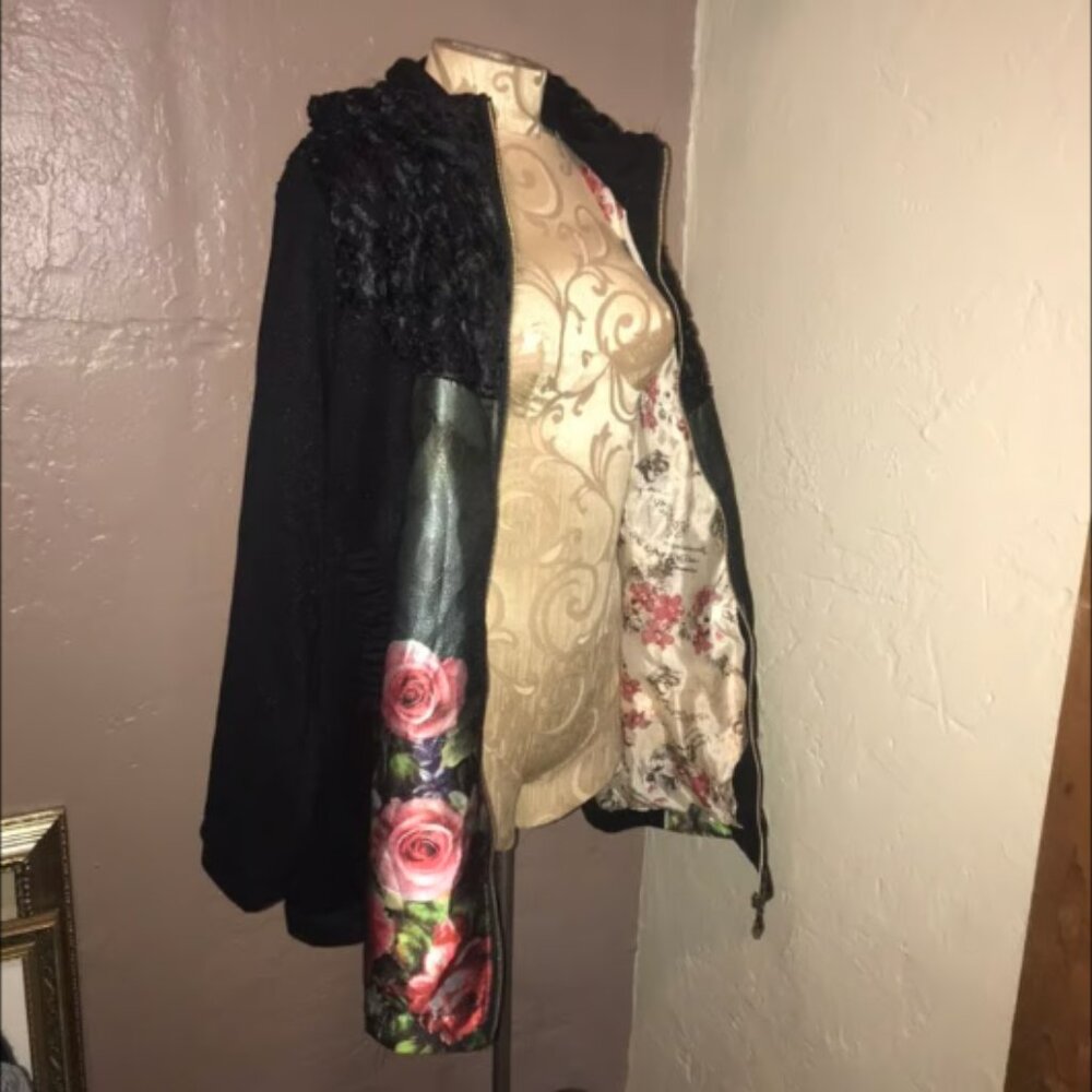 Romantic Black Japanese Floral Mixed Media Oversizes Zip Coat